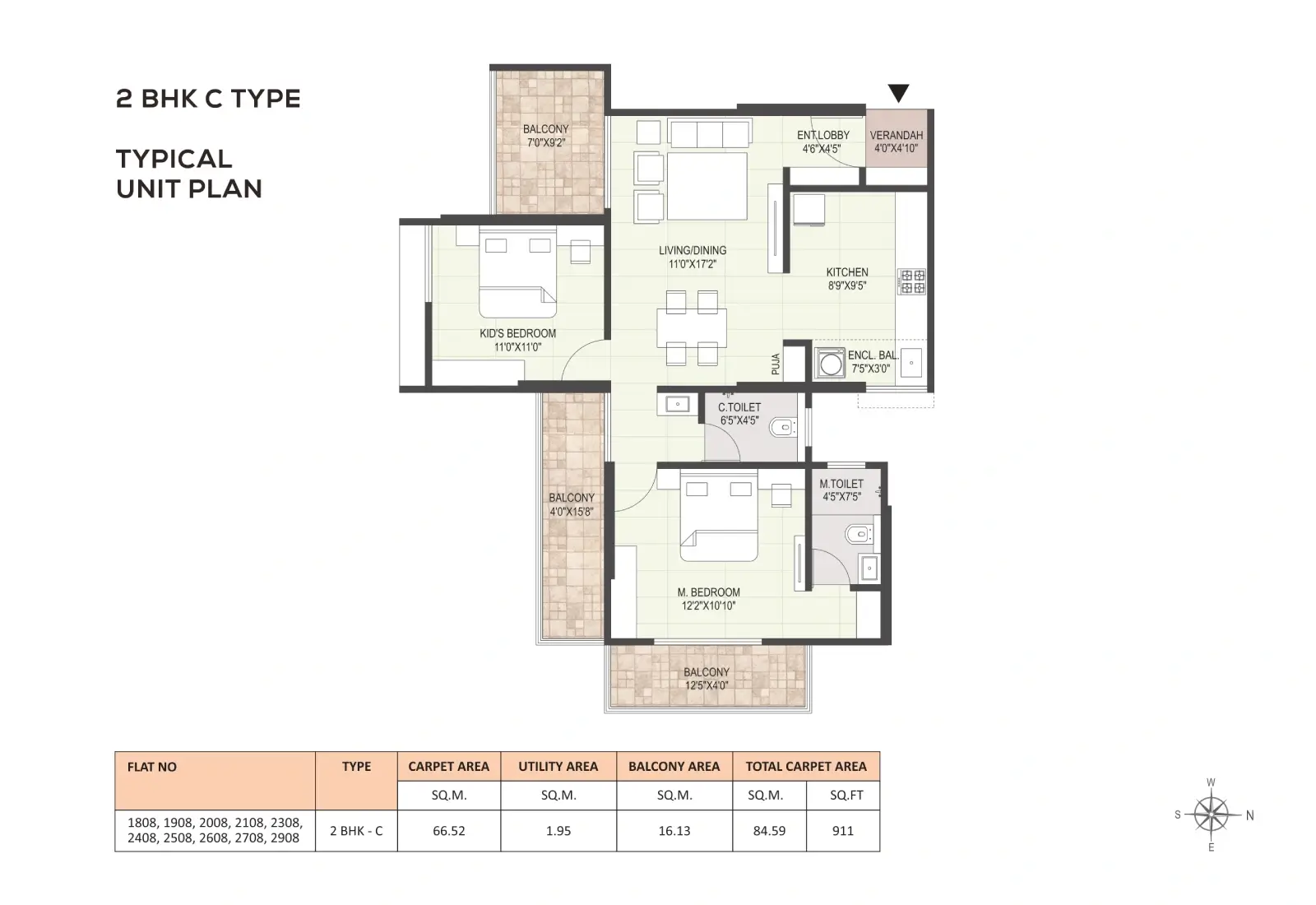 2 BHK C TYPE Floor Plan