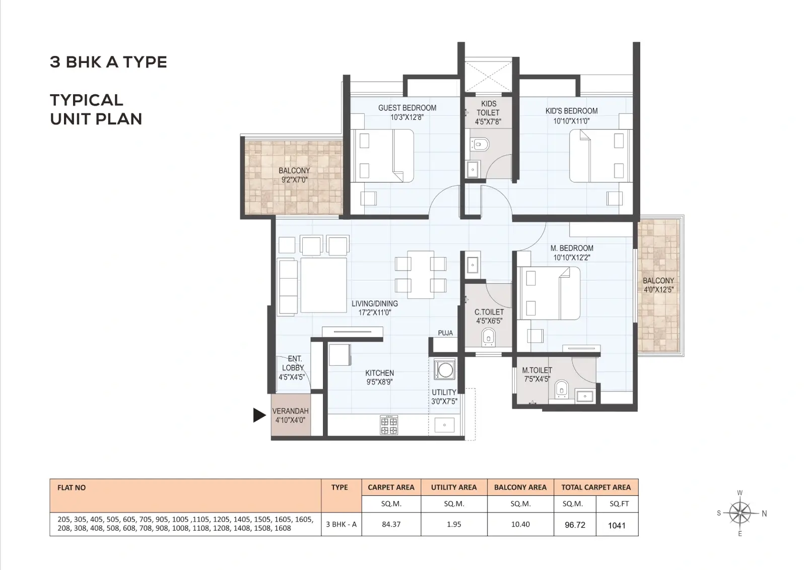 3 BHK A Type Floor Plan