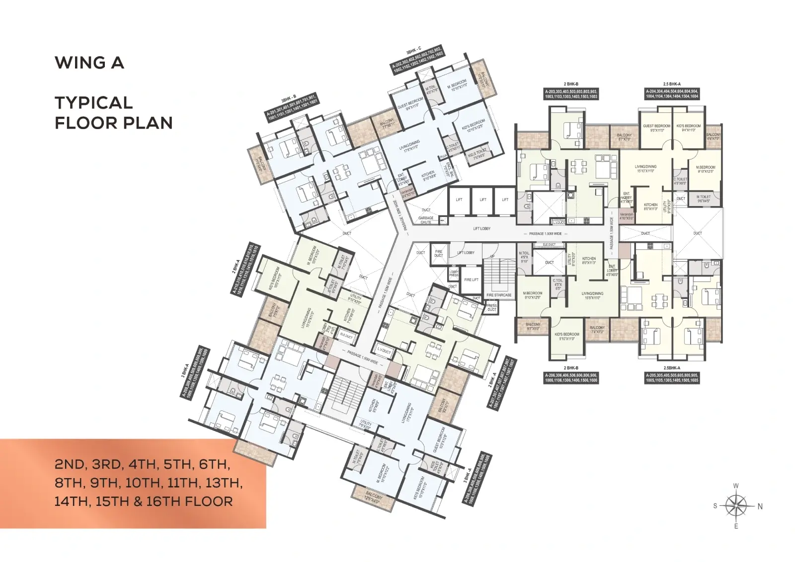 Wing A 2nd - 16th Typical Unit Plan